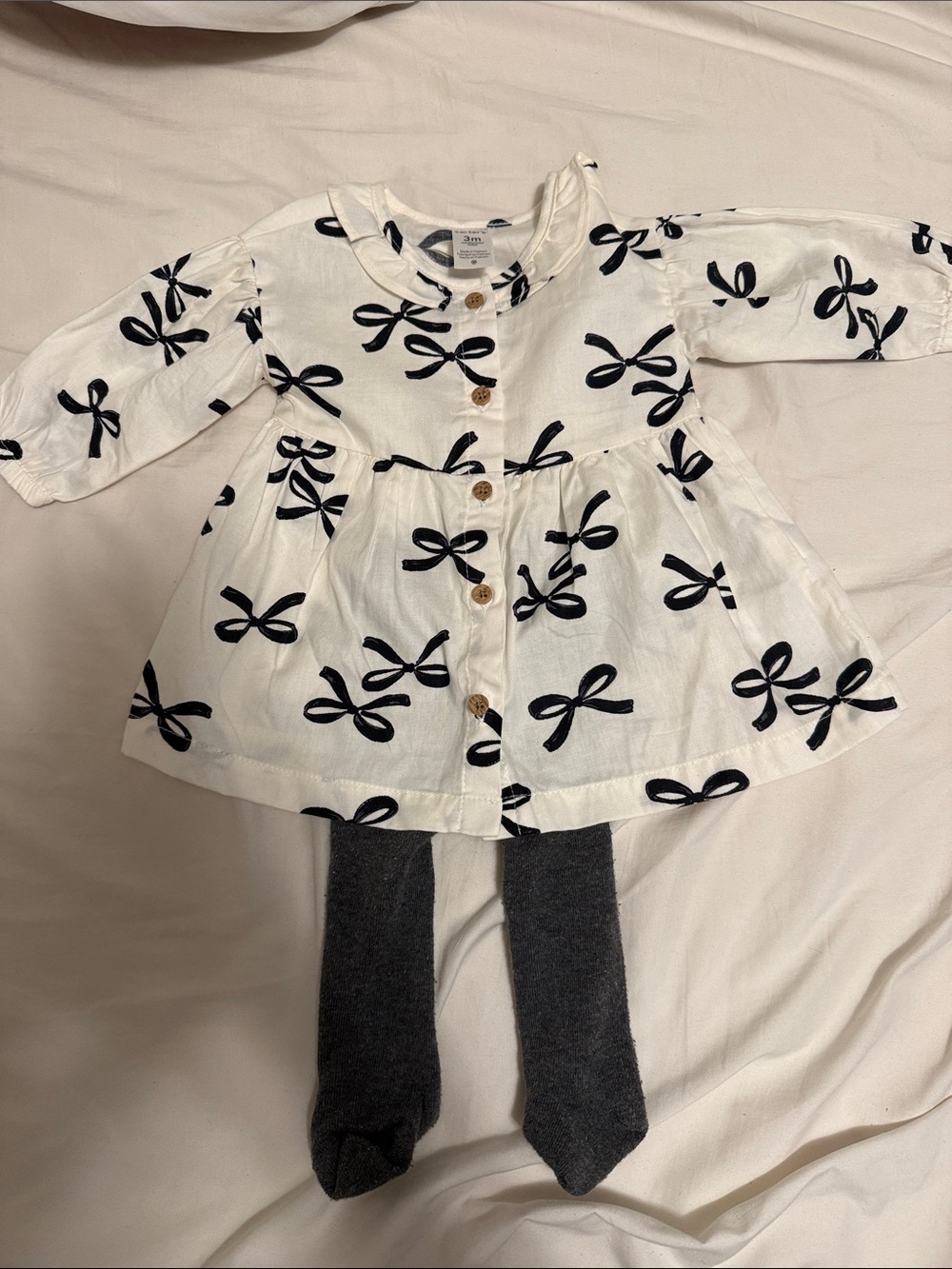 Carter's White Dress with Black Bow Print and Gray Tights